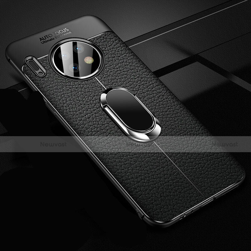 Soft Silicone Gel Leather Snap On Case Cover with Magnetic Finger Ring Stand Z02 for Huawei Mate 30 5G Black