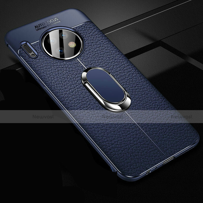 Soft Silicone Gel Leather Snap On Case Cover with Magnetic Finger Ring Stand Z02 for Huawei Mate 30E Pro 5G Blue