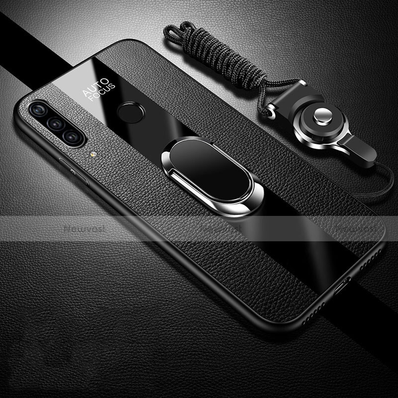 Soft Silicone Gel Leather Snap On Case Cover with Magnetic Finger Ring Stand Z02 for Huawei P30 Lite New Edition Black