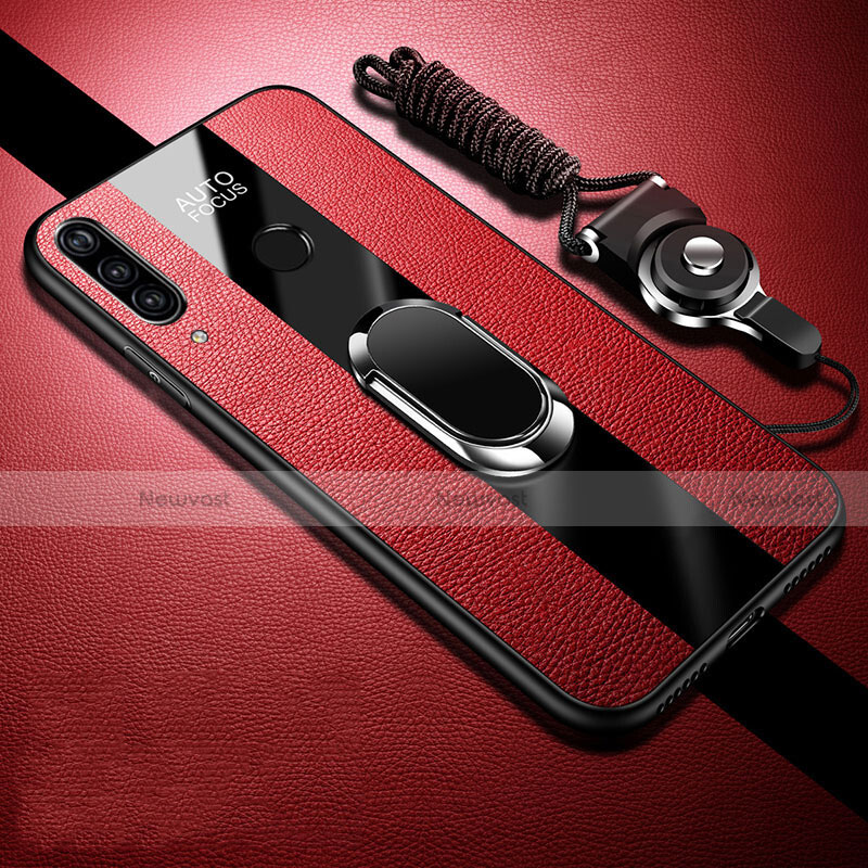 Soft Silicone Gel Leather Snap On Case Cover with Magnetic Finger Ring Stand Z02 for Huawei P30 Lite New Edition Red