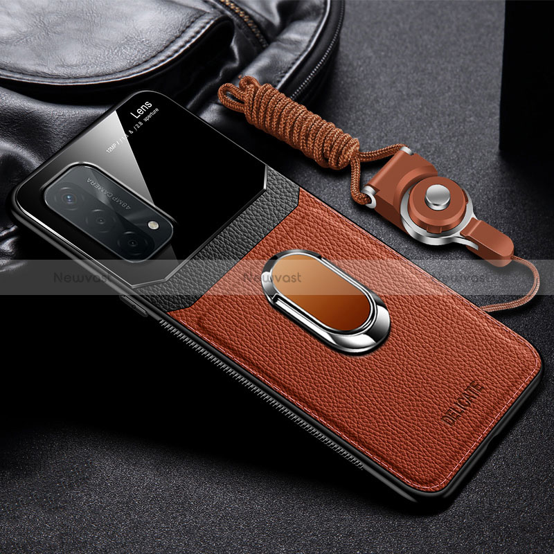 Soft Silicone Gel Leather Snap On Case Cover with Magnetic FL1 for Oppo A54 5G Brown