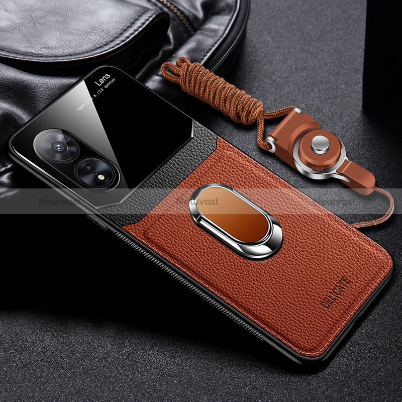 Soft Silicone Gel Leather Snap On Case Cover with Magnetic FL1 for Oppo A58x 5G Brown