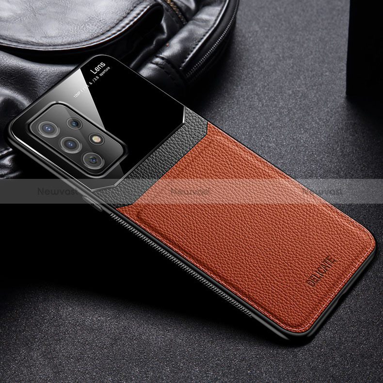 Soft Silicone Gel Leather Snap On Case Cover with Magnetic FL1 for Samsung Galaxy A52 4G Brown