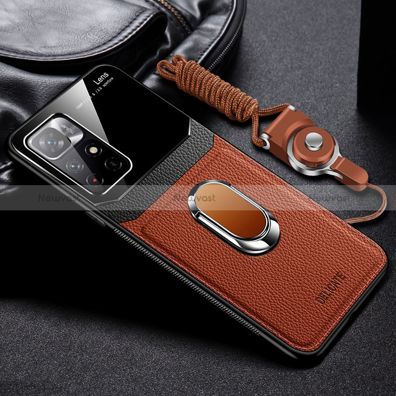 Soft Silicone Gel Leather Snap On Case Cover with Magnetic FL2 for Xiaomi Poco M4 Pro 5G Brown