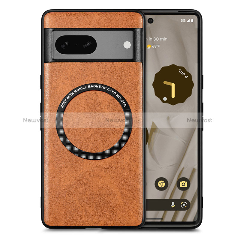 Soft Silicone Gel Leather Snap On Case Cover with Magnetic S02D for Google Pixel 7 5G Brown