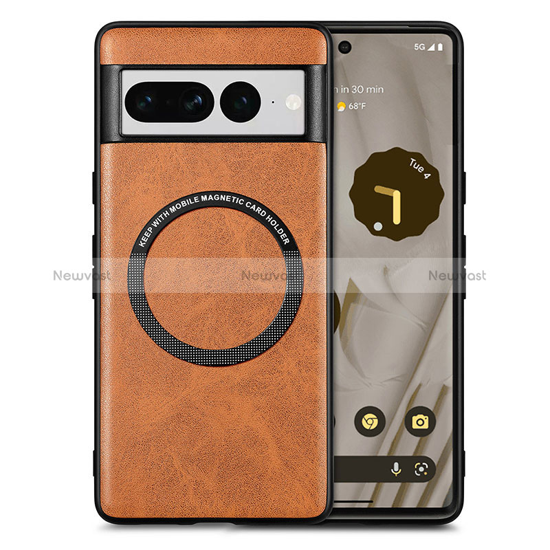 Soft Silicone Gel Leather Snap On Case Cover with Magnetic S02D for Google Pixel 7 Pro 5G Brown