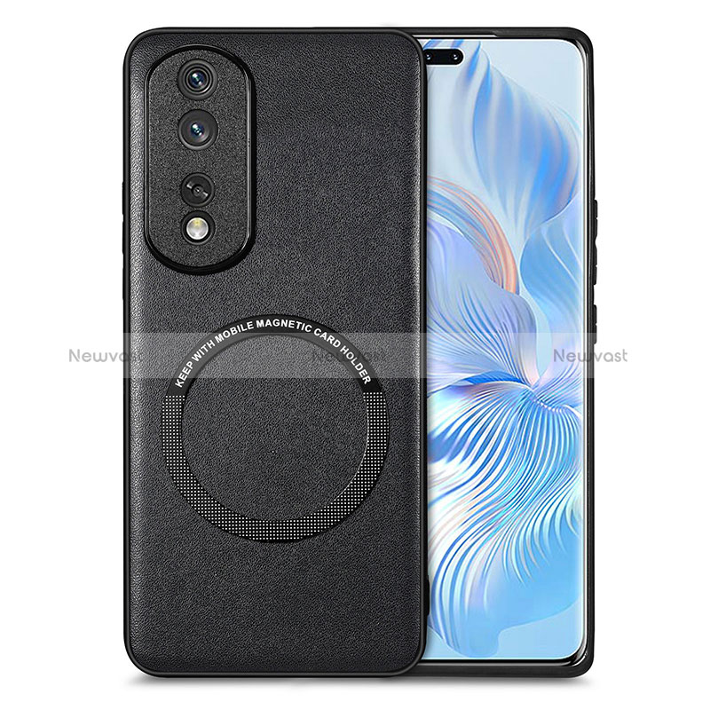 Soft Silicone Gel Leather Snap On Case Cover with Magnetic S02D for Huawei Honor 80 Pro 5G Black