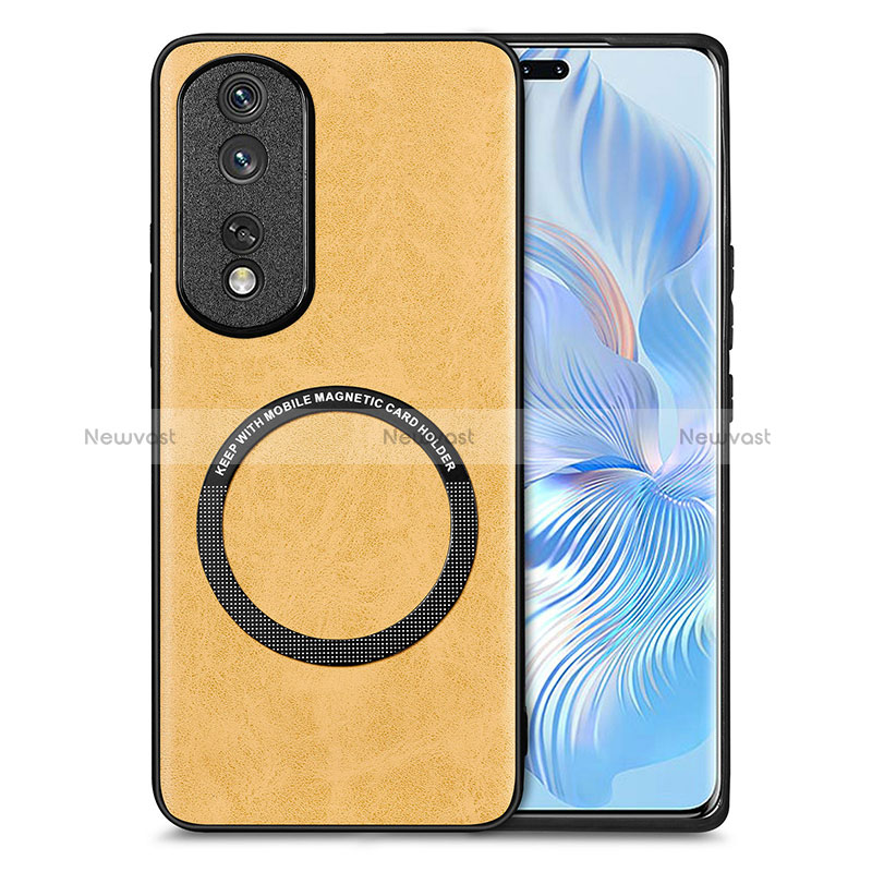 Soft Silicone Gel Leather Snap On Case Cover with Magnetic S02D for Huawei Honor 80 Pro 5G Yellow