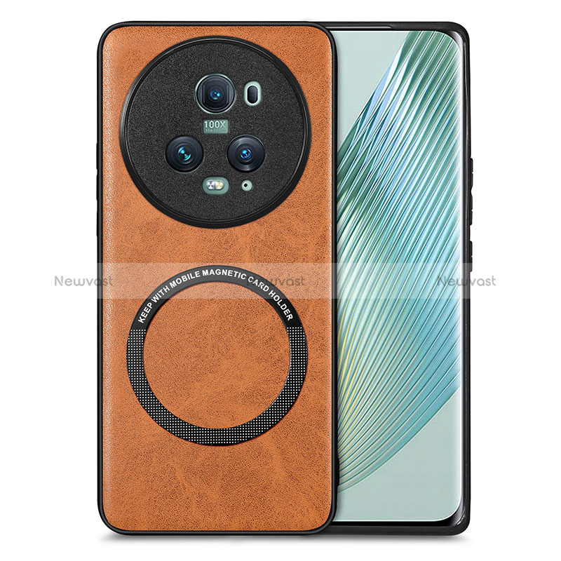 Soft Silicone Gel Leather Snap On Case Cover with Magnetic S02D for Huawei Honor Magic5 Pro 5G Brown