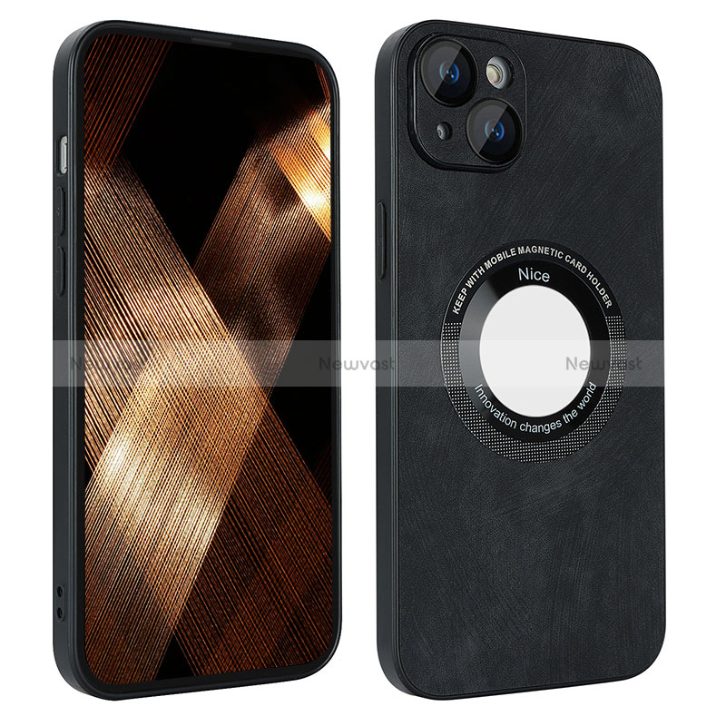 Soft Silicone Gel Leather Snap On Case Cover with Magnetic S14D for Apple iPhone 15 Plus Black