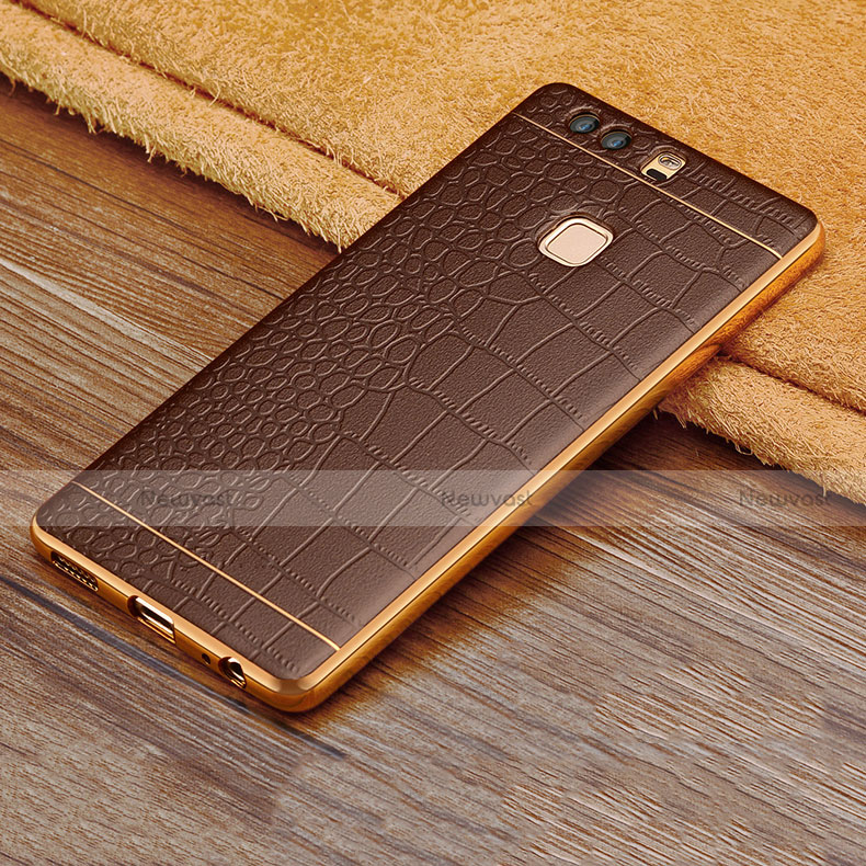 Soft Silicone Gel Leather Snap On Case W01 for Huawei P9 Brown