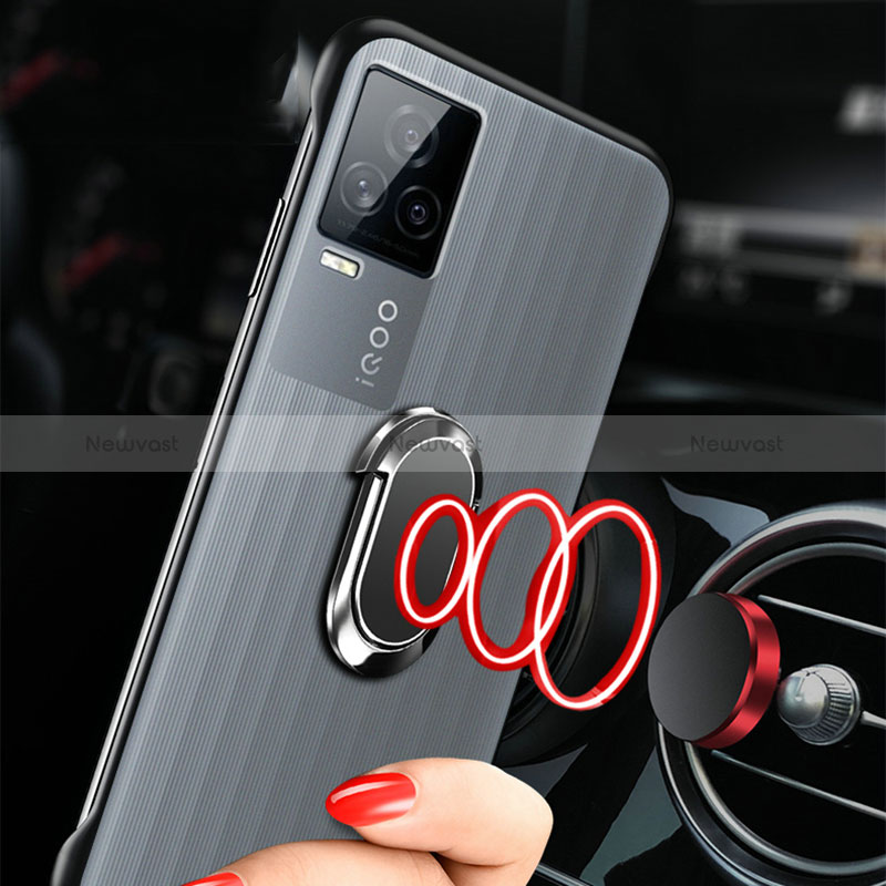 Transparent Crystal Frameless Hard Case Back Cover with Magnetic Finger Ring Stand for Vivo iQOO 7 5G