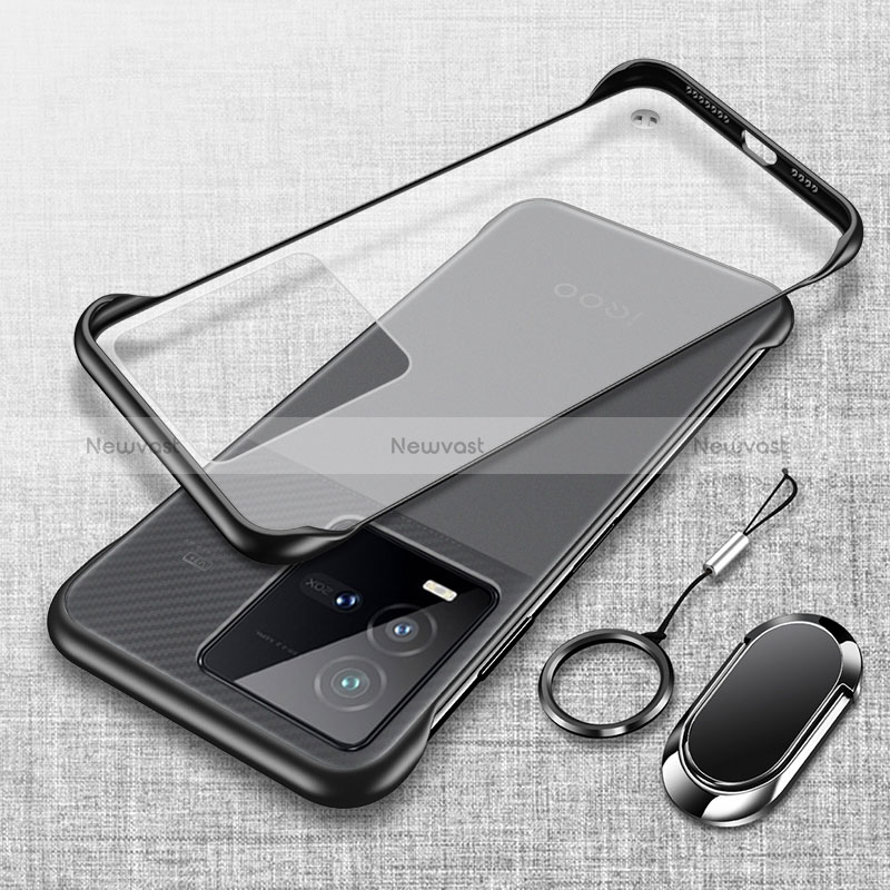 Transparent Crystal Frameless Hard Case Back Cover with Magnetic Finger Ring Stand for Vivo iQOO 9T 5G Black