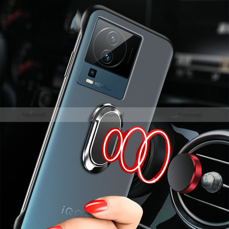 Transparent Crystal Frameless Hard Case Back Cover with Magnetic Finger Ring Stand for Vivo iQOO Neo7 SE