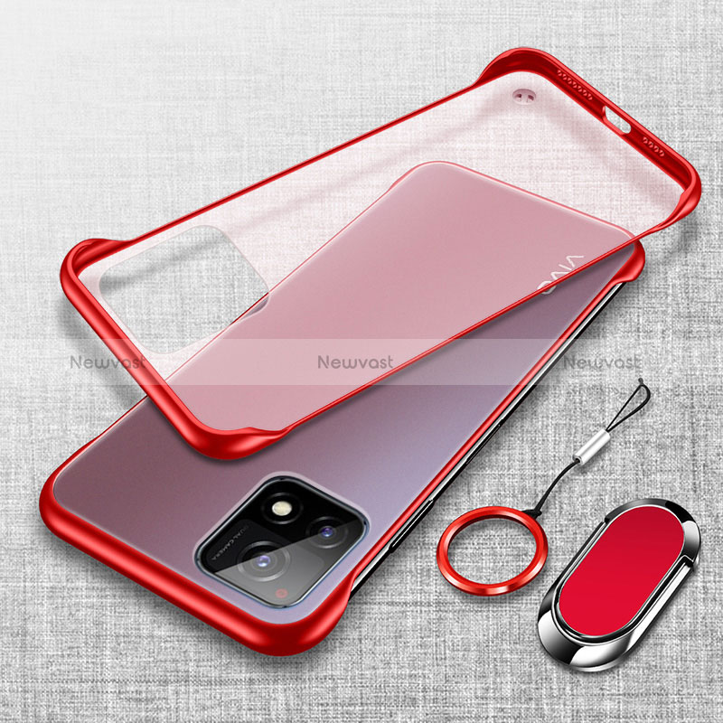 Transparent Crystal Frameless Hard Case Back Cover with Magnetic Finger Ring Stand for Vivo iQOO U3x 5G Red