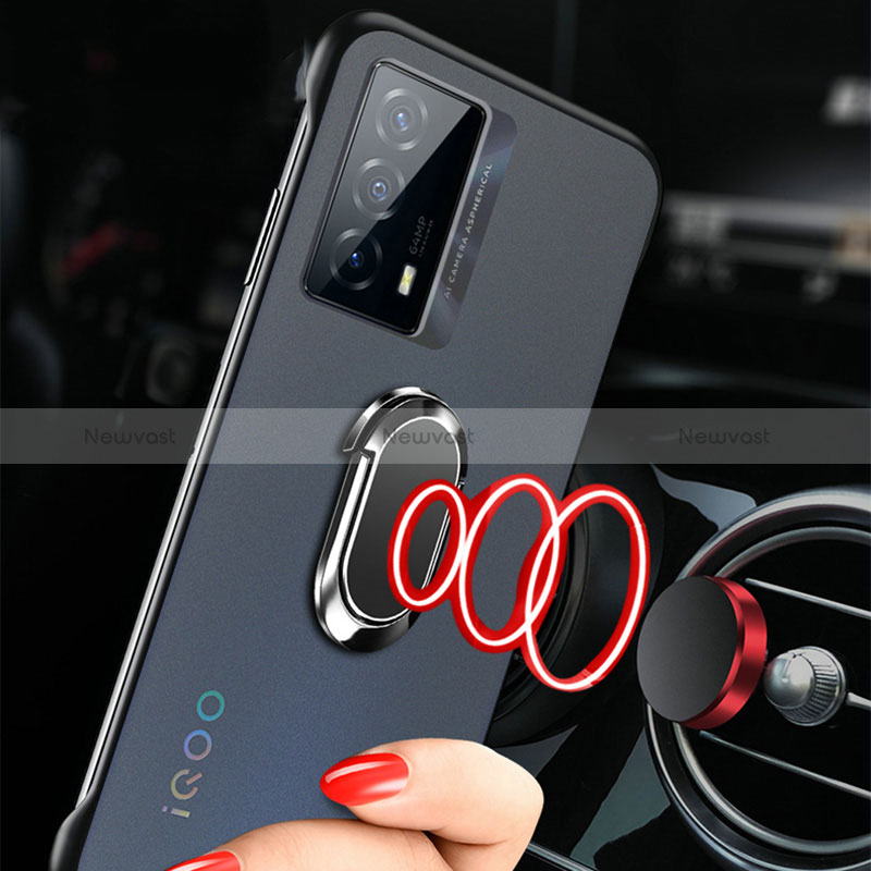 Transparent Crystal Frameless Hard Case Back Cover with Magnetic Finger Ring Stand for Vivo iQOO Z5 5G