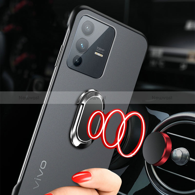 Transparent Crystal Frameless Hard Case Back Cover with Magnetic Finger Ring Stand for Vivo V23 5G