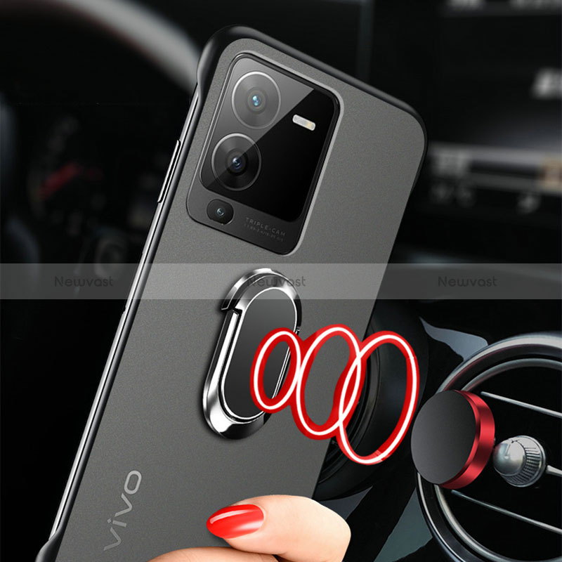 Transparent Crystal Frameless Hard Case Back Cover with Magnetic Finger Ring Stand for Vivo V25 Pro 5G