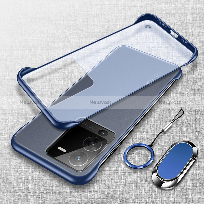 Transparent Crystal Frameless Hard Case Back Cover with Magnetic Finger Ring Stand for Vivo V25 Pro 5G Blue