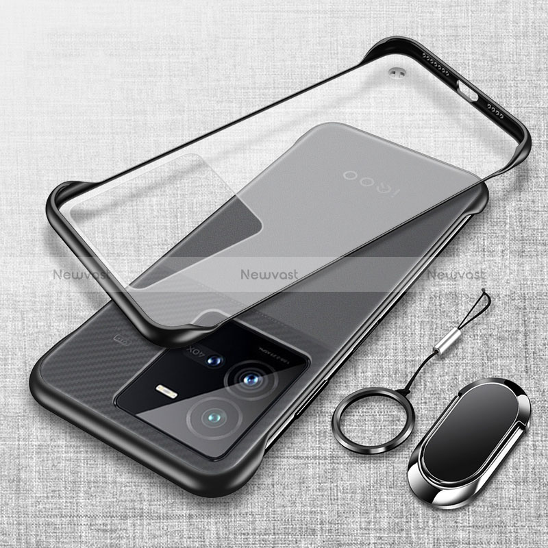 Transparent Crystal Frameless Hard Case Back Cover with Magnetic Finger Ring Stand for Vivo V25e Black