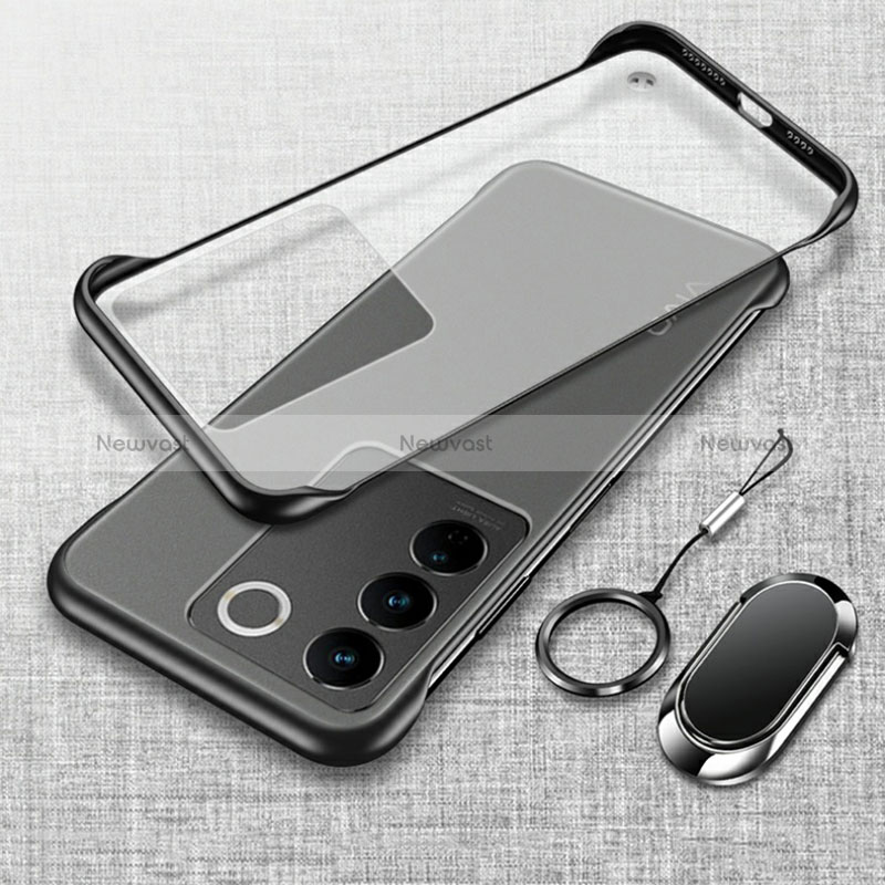 Transparent Crystal Frameless Hard Case Back Cover with Magnetic Finger Ring Stand for Vivo V27 5G