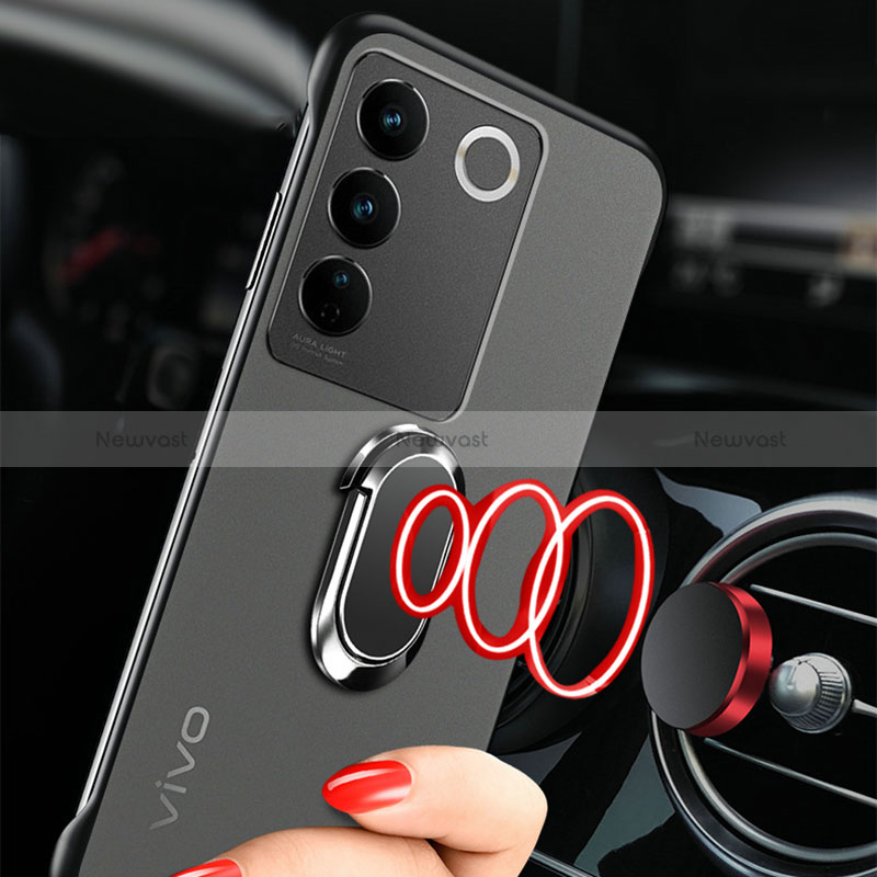 Transparent Crystal Frameless Hard Case Back Cover with Magnetic Finger Ring Stand for Vivo V27 5G