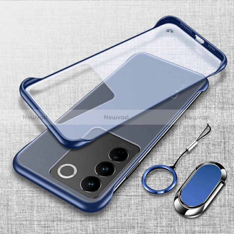 Transparent Crystal Frameless Hard Case Back Cover with Magnetic Finger Ring Stand for Vivo V27 Pro 5G Blue