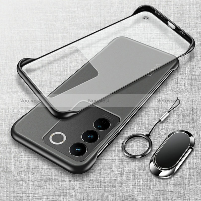 Transparent Crystal Frameless Hard Case Back Cover with Magnetic Finger Ring Stand for Vivo V27e 5G Black