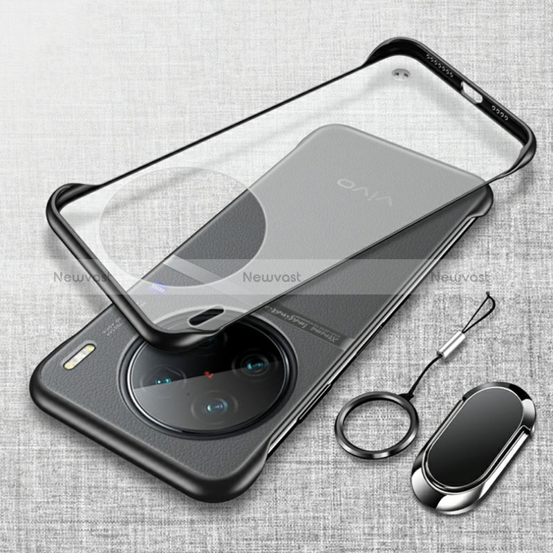 Transparent Crystal Frameless Hard Case Back Cover with Magnetic Finger Ring Stand for Vivo X90 Pro 5G