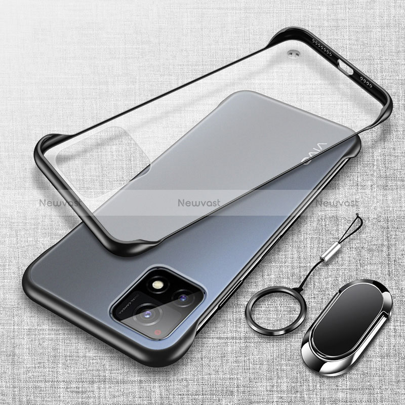 Transparent Crystal Frameless Hard Case Back Cover with Magnetic Finger Ring Stand for Vivo Y31s 5G
