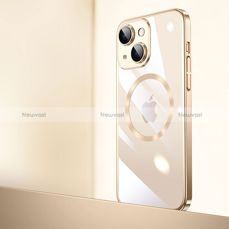 Transparent Crystal Hard Case Back Cover with Mag-Safe Magnetic QC2 for Apple iPhone 15 Gold