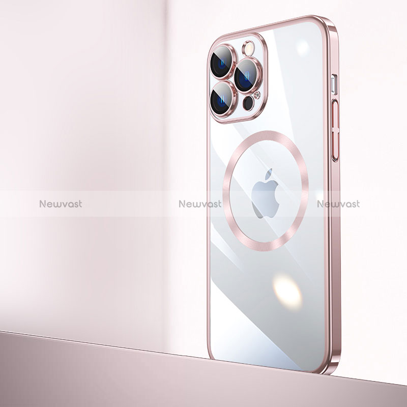 Transparent Crystal Hard Case Back Cover with Mag-Safe Magnetic QC2 for Apple iPhone 15 Pro Rose Gold