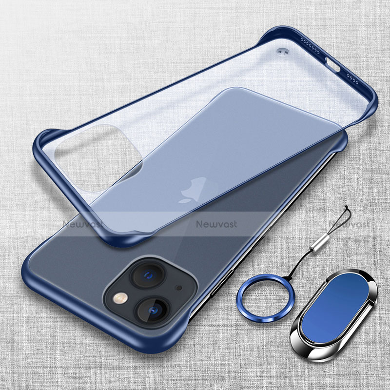 Transparent Crystal Hard Case Back Cover with Magnetic Finger Ring Stand for Apple iPhone 15 Blue