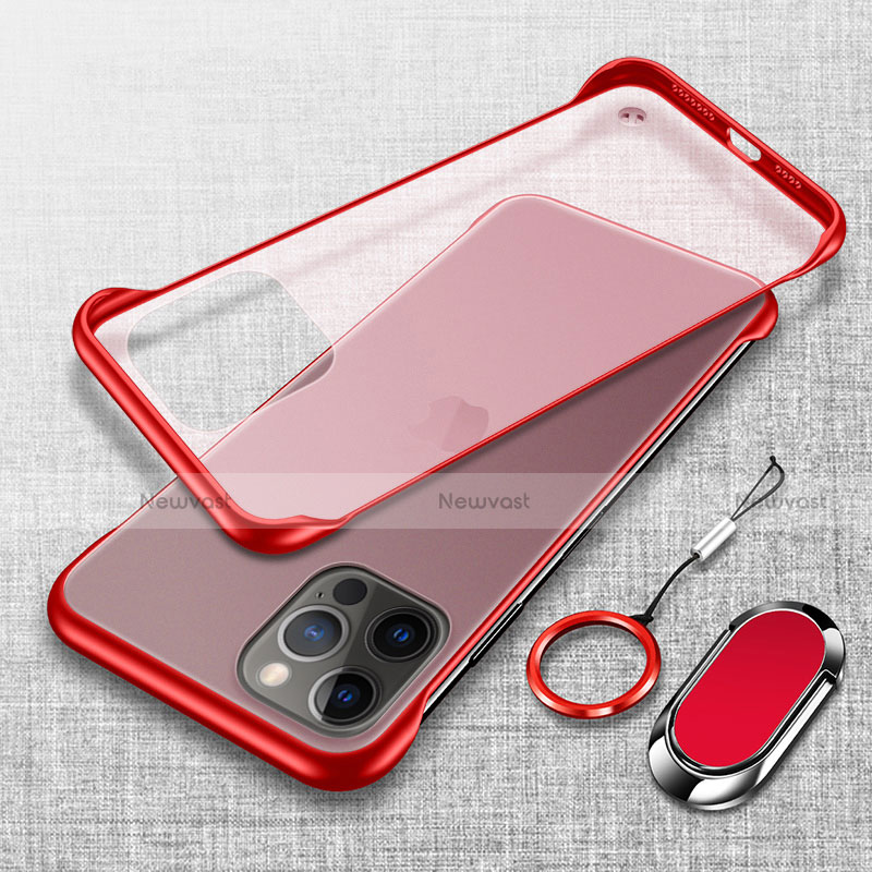 Transparent Crystal Hard Case Back Cover with Magnetic Finger Ring Stand for Apple iPhone 16 Pro Max Red