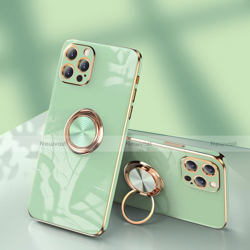 Ultra-thin Silicone Gel Soft Case Cover with Finger Ring Stand for Apple iPhone 15 Pro Matcha Green