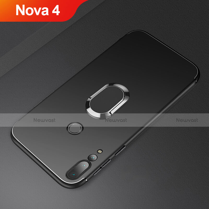 Ultra-thin Silicone Gel Soft Case Cover with Magnetic Finger Ring Stand A01 for Huawei Nova 4 Black