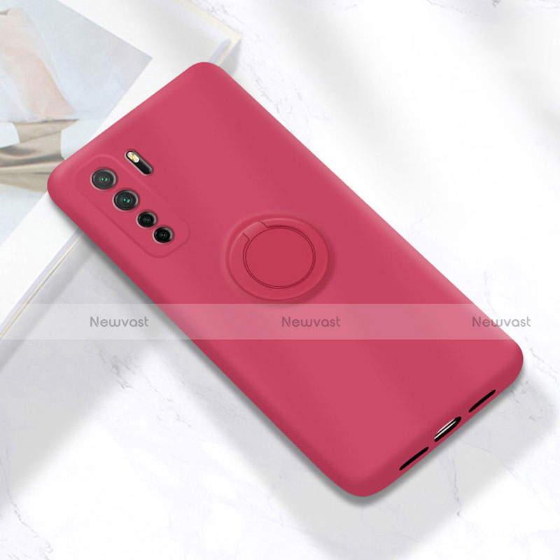 Ultra-thin Silicone Gel Soft Case Cover with Magnetic Finger Ring Stand A01 for Huawei Nova 7 SE 5G Red