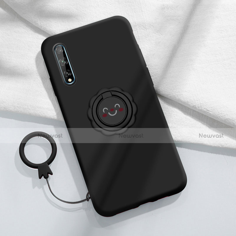 Ultra-thin Silicone Gel Soft Case Cover with Magnetic Finger Ring Stand A01 for Huawei P smart S Black