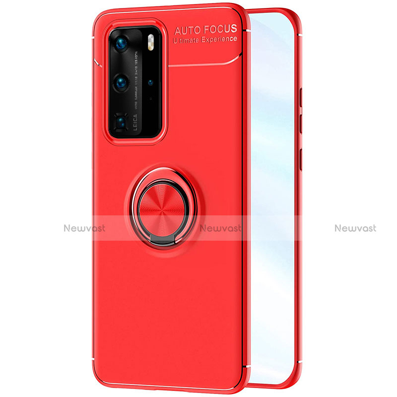 Ultra-thin Silicone Gel Soft Case Cover with Magnetic Finger Ring Stand A01 for Huawei P40 Pro Red