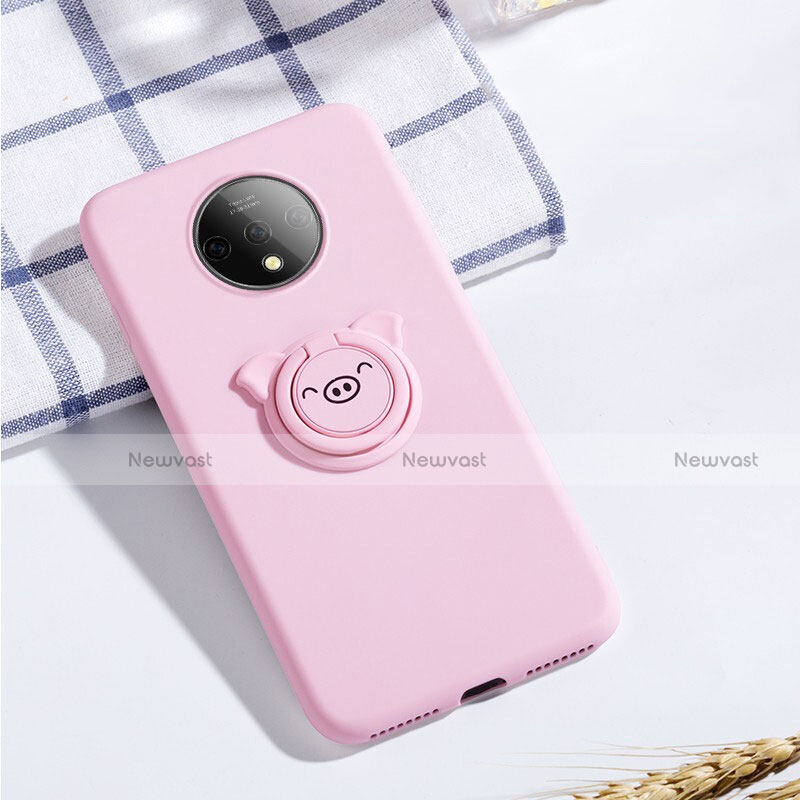 Ultra-thin Silicone Gel Soft Case Cover with Magnetic Finger Ring Stand A01 for OnePlus 7T Pink