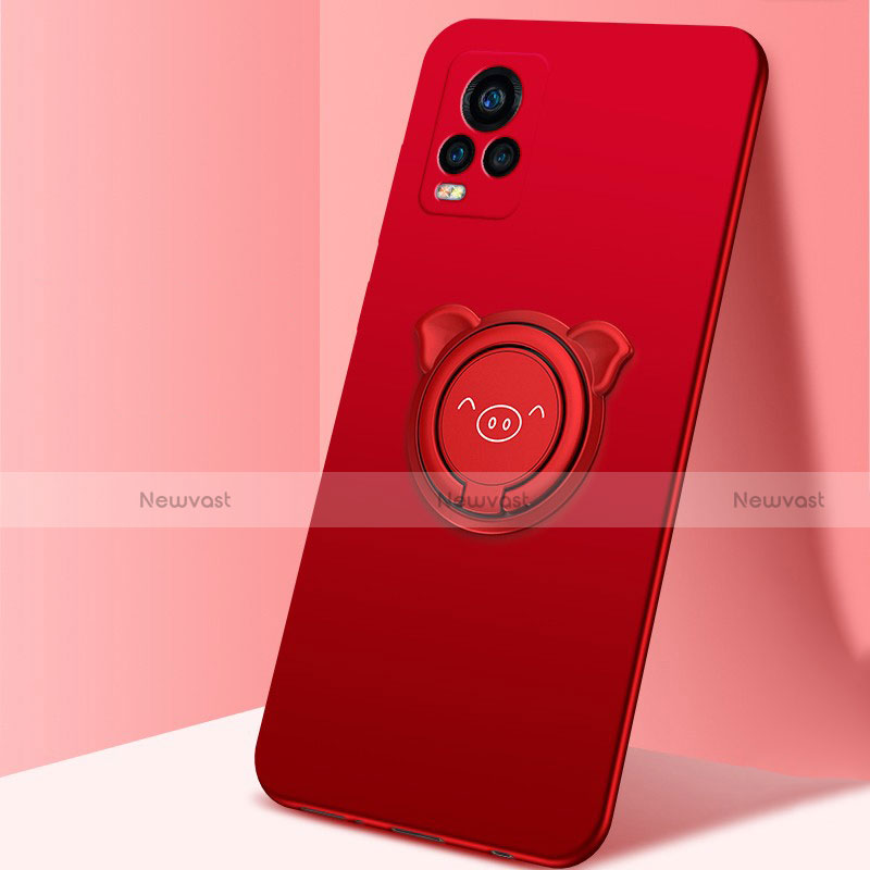 Ultra-thin Silicone Gel Soft Case Cover with Magnetic Finger Ring Stand A01 for Vivo V20 Pro 5G Red