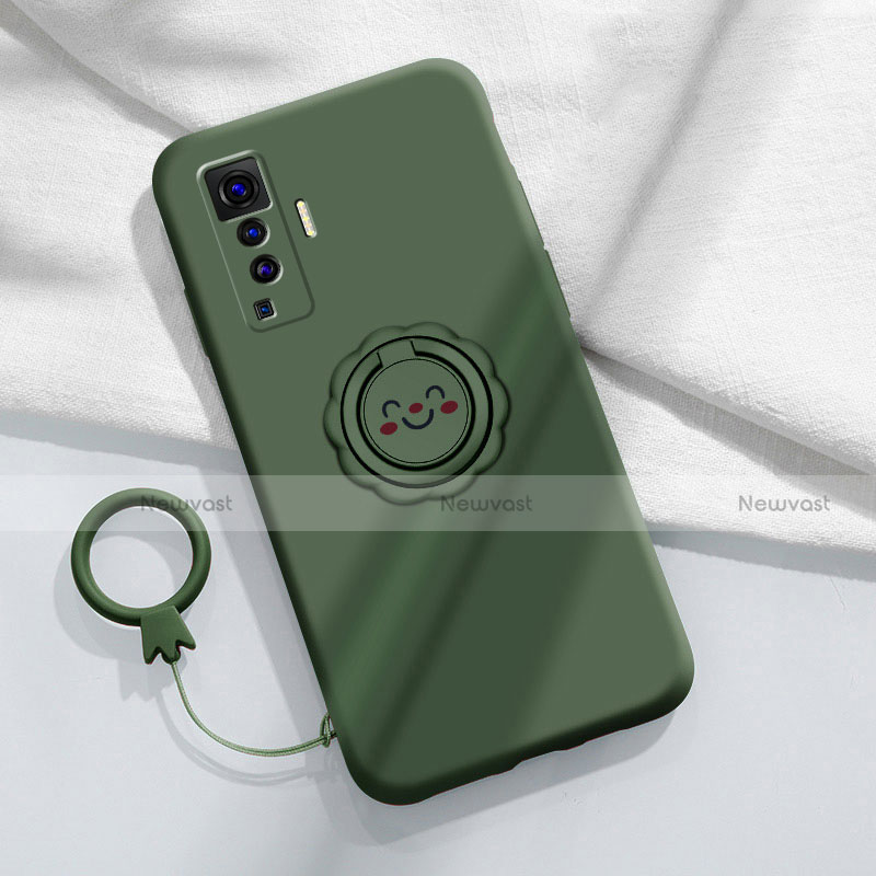 Ultra-thin Silicone Gel Soft Case Cover with Magnetic Finger Ring Stand A01 for Vivo X50 5G Green