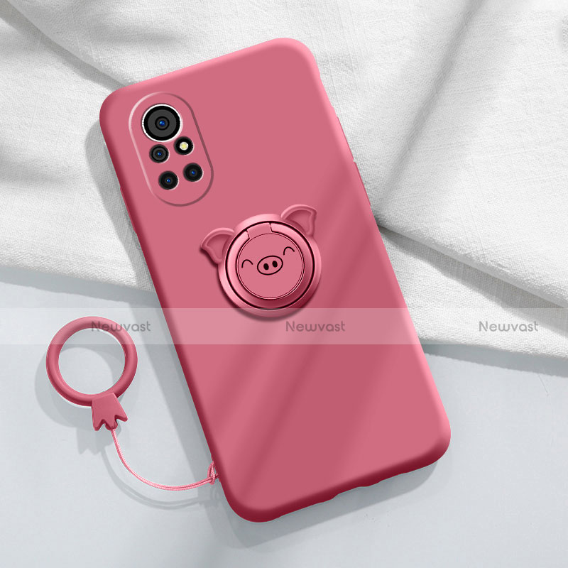 Ultra-thin Silicone Gel Soft Case Cover with Magnetic Finger Ring Stand A02 for Huawei Nova 8 5G Red Wine