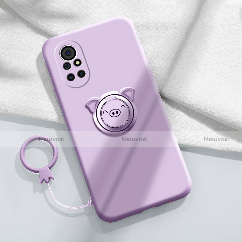 Ultra-thin Silicone Gel Soft Case Cover with Magnetic Finger Ring Stand A02 for Huawei Nova 8 Pro 5G Clove Purple