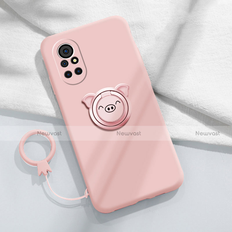 Ultra-thin Silicone Gel Soft Case Cover with Magnetic Finger Ring Stand A02 for Huawei Nova 8 Pro 5G Pink