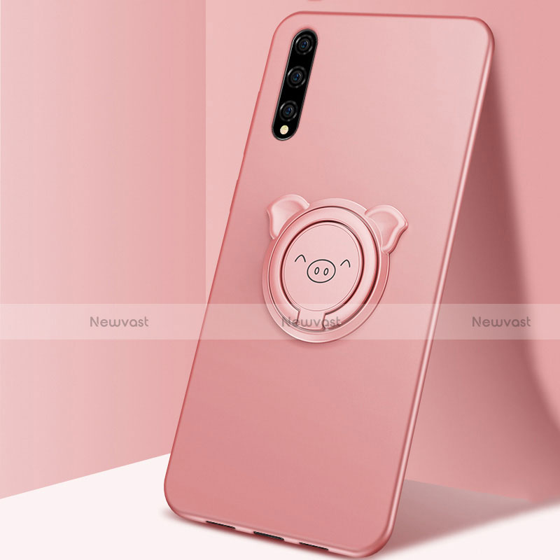 Ultra-thin Silicone Gel Soft Case Cover with Magnetic Finger Ring Stand A02 for Huawei P smart S Rose Gold