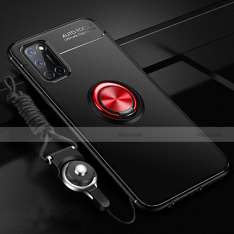 Ultra-thin Silicone Gel Soft Case Cover with Magnetic Finger Ring Stand A02 for Oppo A52 Red and Black