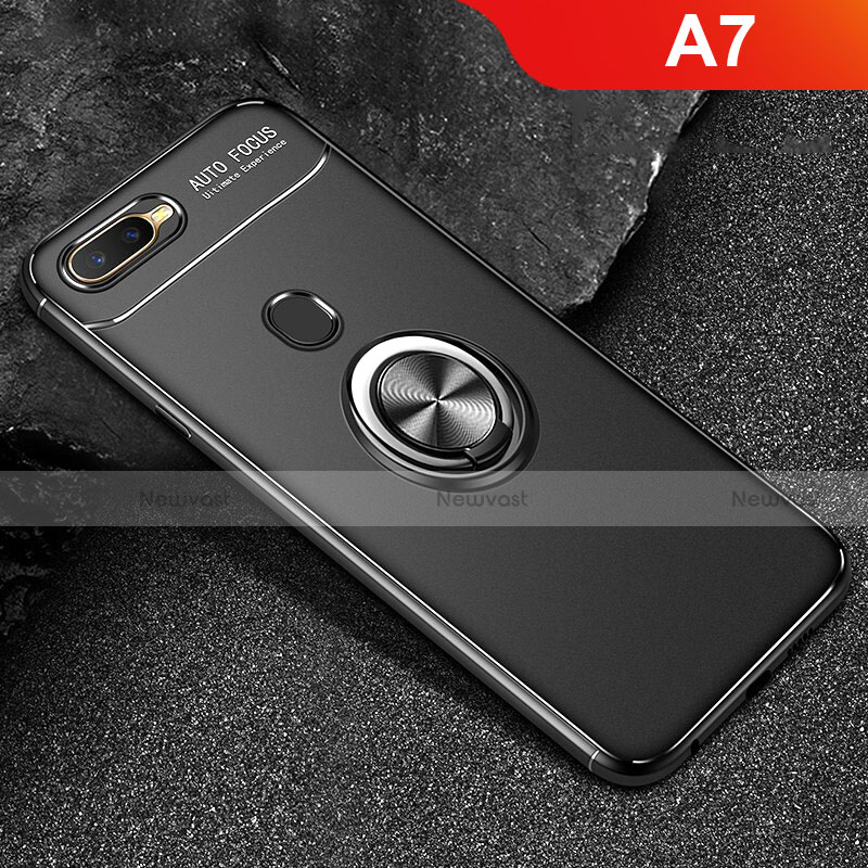 Ultra-thin Silicone Gel Soft Case Cover with Magnetic Finger Ring Stand A02 for Oppo A7 Black