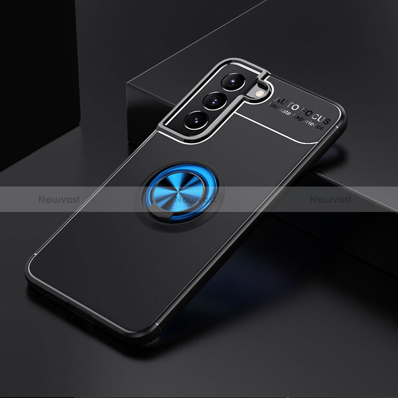 Ultra-thin Silicone Gel Soft Case Cover with Magnetic Finger Ring Stand A02 for Samsung Galaxy S24 Plus 5G Blue and Black