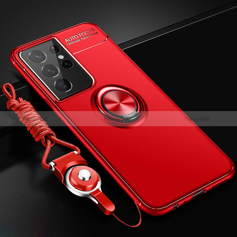 Ultra-thin Silicone Gel Soft Case Cover with Magnetic Finger Ring Stand A02 for Samsung Galaxy S24 Ultra 5G Red